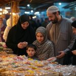 keluarga muslim sedang berbelanja kebutuhan makanan untuk ramadhan dan hari raya idul