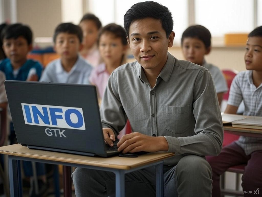 gambar seorang guru laki-laki muda di depan laptop dan dikelilingi murid-muridnya di dalam kelas